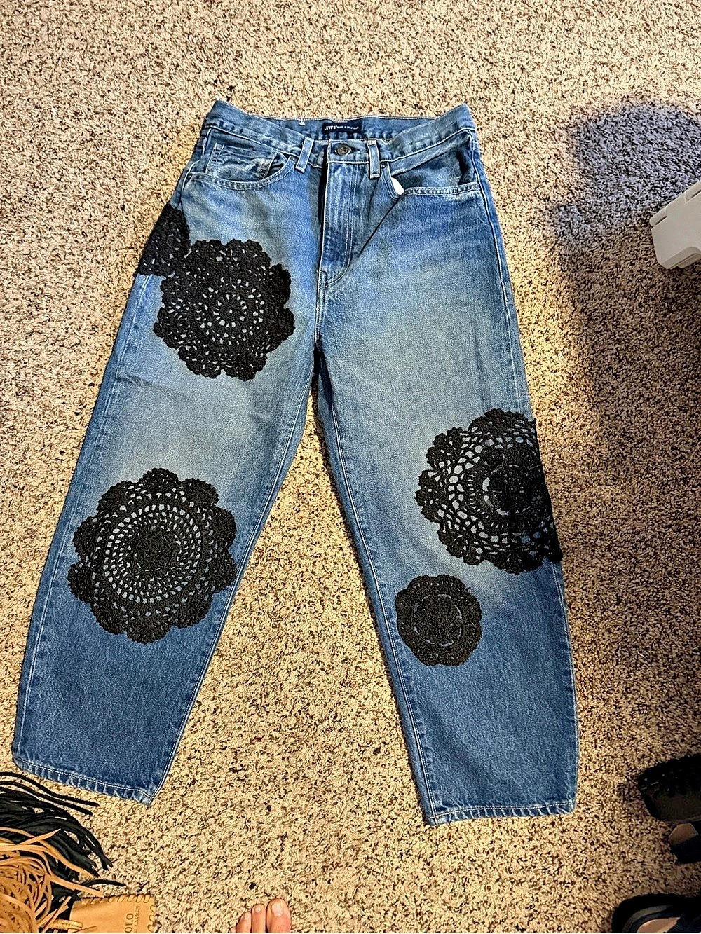 RARE One of a Kind Levi's Barrel Navy Label Black Crochet Jeans Waist 27